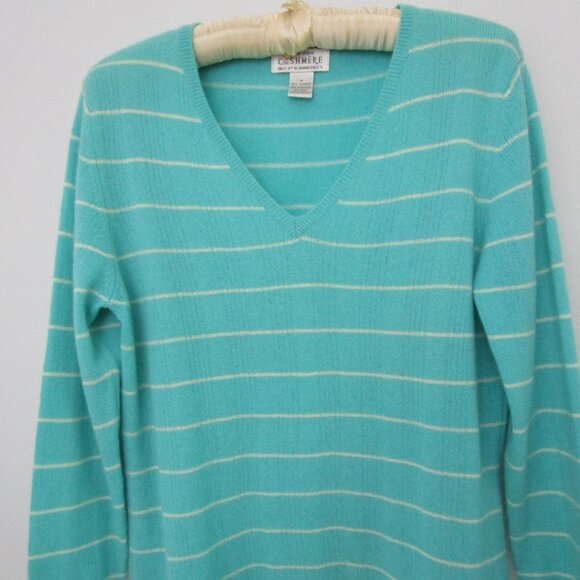 CASHMERE Aqua Blue Stripe Pullover Sweater Cuddly v Neck - Picture 3 of 10